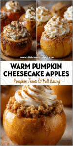 Warm stuffed apples topped with creamy cheesecake swirl and pumpkin spice sprinkle.